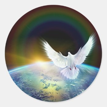 Dove Of Peace Holy Spirit Over Earth With Rainbow. Classic Round Sticker by Eloquents at Zazzle