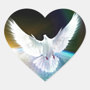 Dove of Peace Holy Spirit over Earth with Rainbow. Heart Sticker