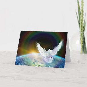 Dove of Peace Holy Spirit over Earth with Rainbow. Holiday Card