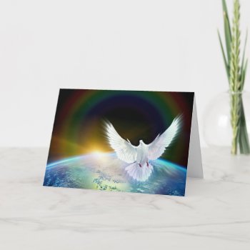 Dove Of Peace Holy Spirit Over Earth With Rainbow. Holiday Card by Eloquents at Zazzle