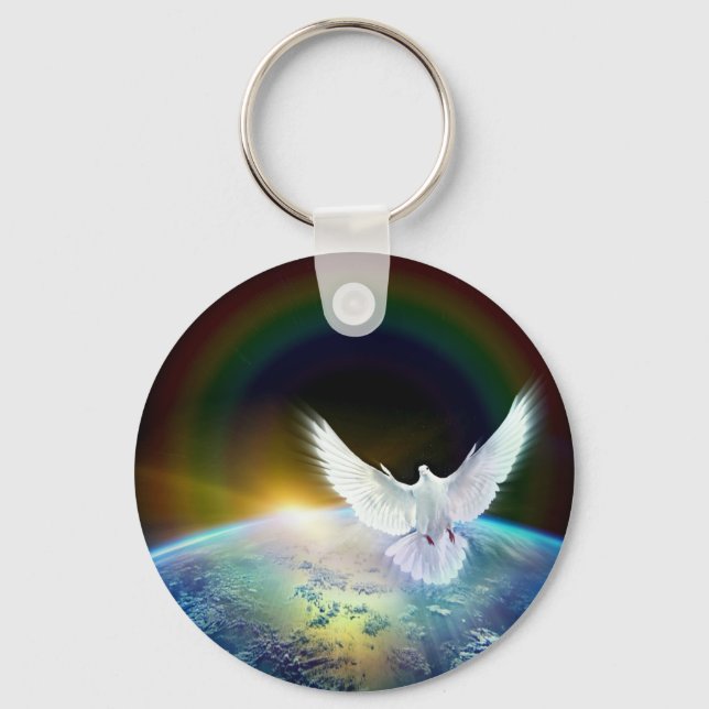 Dove of Peace Holy Spirit over Earth with Rainbow. Keychain (Front)