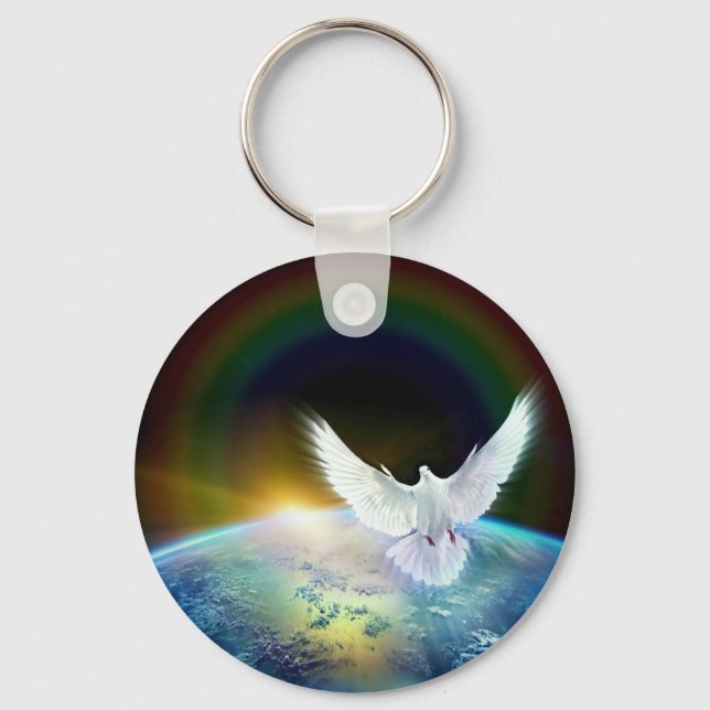 Dove of Peace Holy Spirit over Earth with Rainbow Keychain (Front)