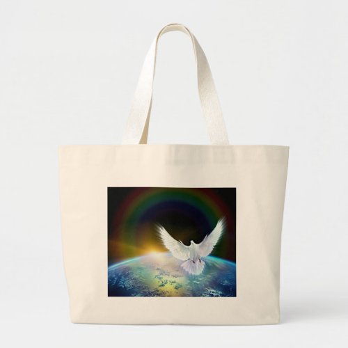 Dove of Peace Holy Spirit over Earth with Rainbow Large Tote Bag