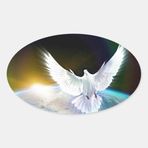 Dove of Peace Holy Spirit over Earth with Rainbow Oval Sticker