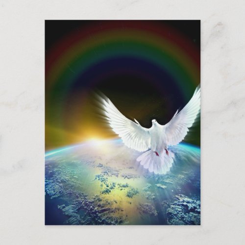 Dove of Peace Holy Spirit over Earth with Rainbow Postcard