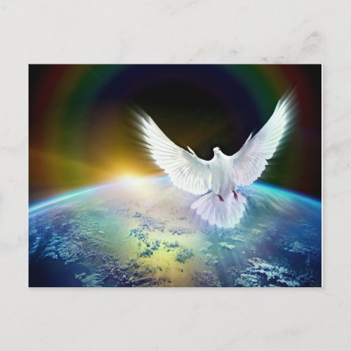 Dove of Peace Holy Spirit over Earth with Rainbow Postcard