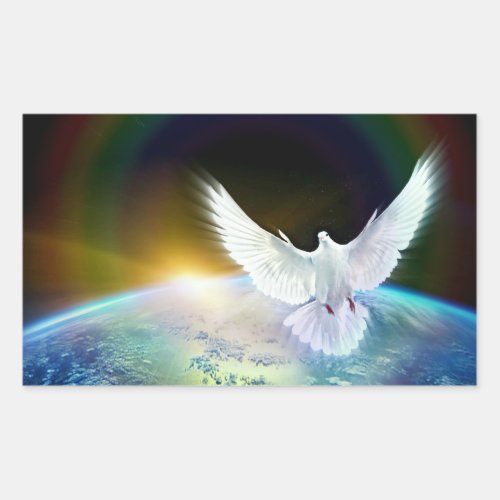 Dove of Peace Holy Spirit over Earth with Rainbow Rectangular Sticker