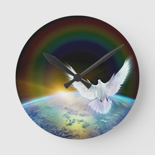 Dove of Peace Holy Spirit over Earth with Rainbow Round Clock