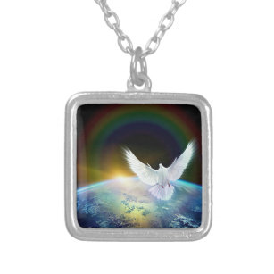 Dove of Peace Holy Spirit over Earth with Rainbow. Silver Plated Necklace