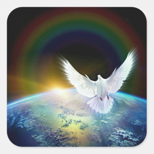 Dove of Peace Holy Spirit over Earth with Rainbow Square Sticker