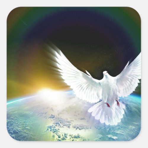 Dove of Peace Holy Spirit over Earth with Rainbow Square Sticker