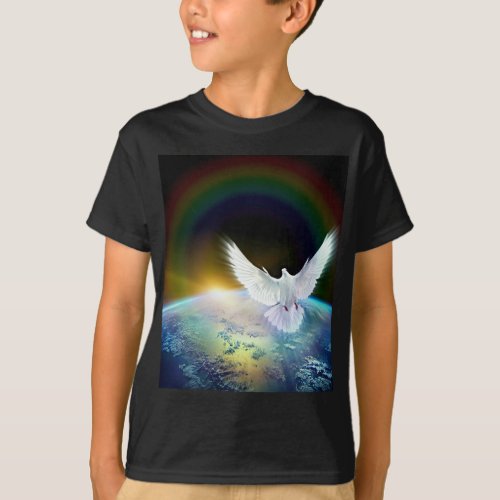 Dove of Peace Holy Spirit over Earth with Rainbow T_Shirt