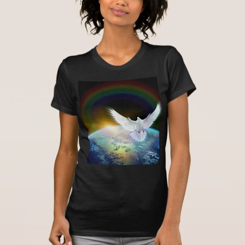 Dove of Peace Holy Spirit over Earth with Rainbow T_Shirt