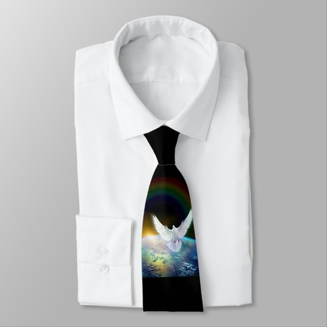 Dove of Peace Holy Spirit over Earth with Rainbow. Tie (Tied)