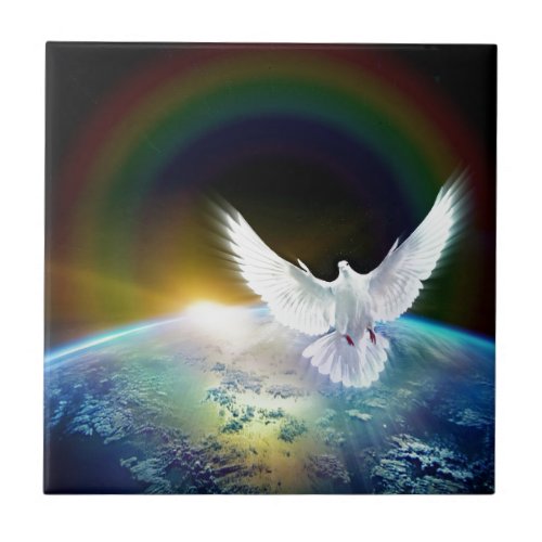 Dove of Peace Holy Spirit over Earth with Rainbow Tile