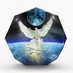 Dove of Peace over Earth from Space Acrylic Award<br><div class="desc">A white Dove of Peace spreads its wings over Planet Earth as the sun rises above Earth's horizon with the Moon in the background. A starry sky and the bright blue glow of the world as seen from space is a beautiful image of Peace for Christmas, Earth Day, or the...</div>