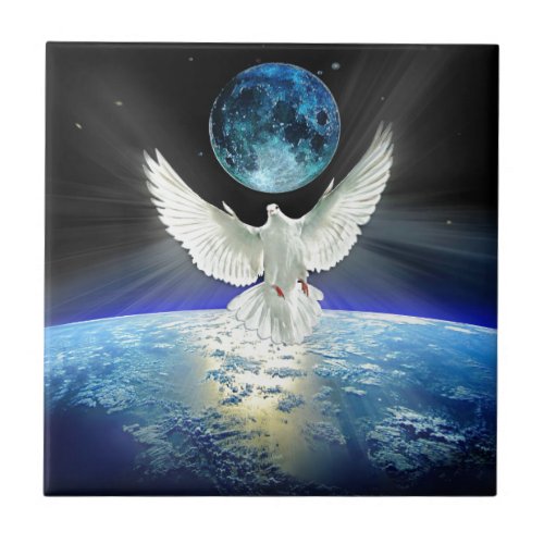 Dove of Peace over Earth from Space Ceramic Tile