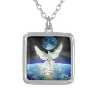 Dove of Peace over Earth from Space Silver Plated Necklace