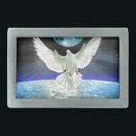 Dove of Peace over Planet Earth Sunrise Belt Buckle<br><div class="desc">A white Dove of Peace spreads its wings above the blue horizon of Planet Earth with a neon blue moon in the background. The sunrise shines at the rim of the world and light rays bathe the Earth. This is a beautiful design to promote world peace and unity for the...</div>