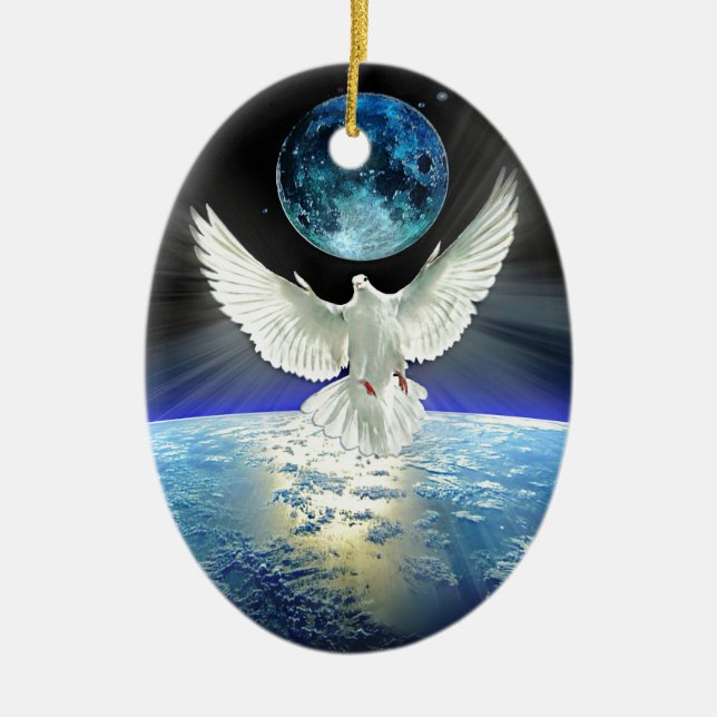 Dove of Peace over Planet Earth Sunrise Ceramic Ornament (Front)