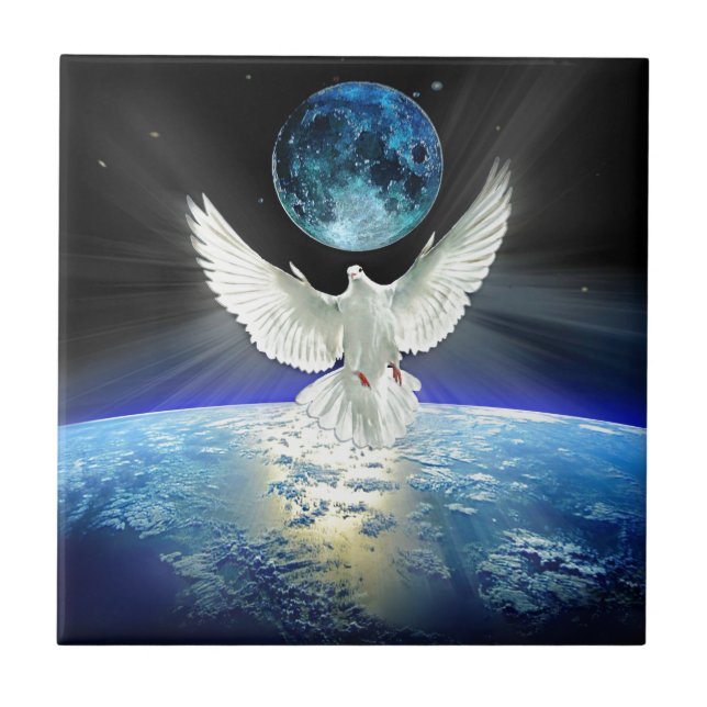 Dove of Peace over Planet Earth Sunrise Ceramic Tile (Front)