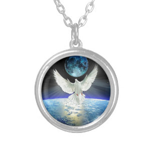 Dove of Peace over Planet Earth Sunrise Silver Plated Necklace