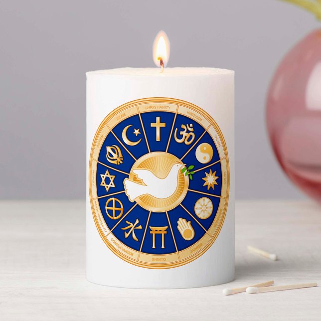 Dove of Peace  Pillar Candle (Dove of Peace Pillar Candle.
Inspirational art featuring gold icons of world faiths. )