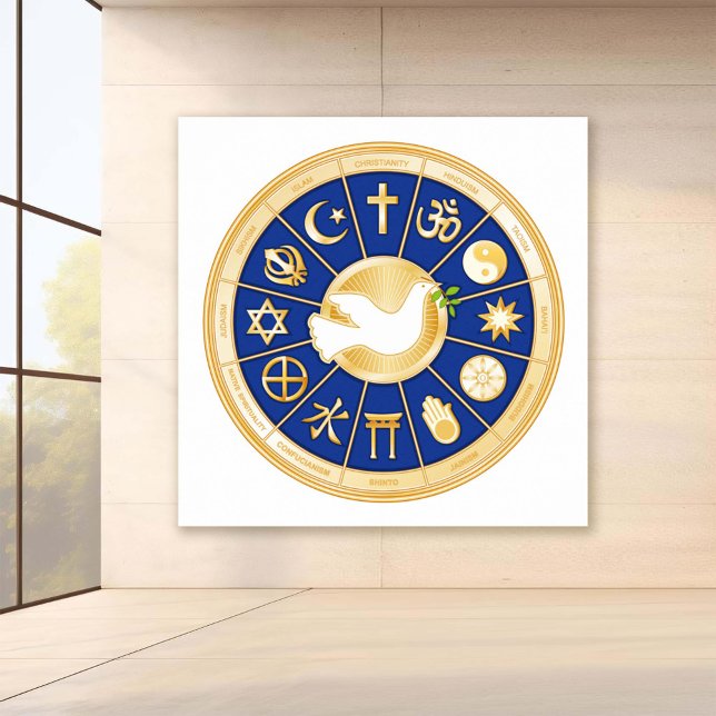 Dove of Peace Poster (Dove of Peace inspirational world religions poster. Gold icons of world faiths. )