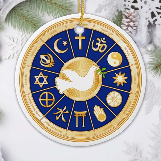 Dove of Peace Surround World Religions Ornament (Gold icons of world faiths surround the Dove of Peace. )