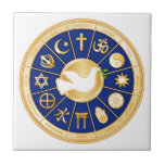 Dove of Peace Tile<br><div class="desc">Gold icons of world faiths surround the Dove of Peace, an international symbol of harmony. The mandala highlights twelve religions that express the global diversity of spiritual beliefs: Baha’i, Buddhism, Christianity, Confucianism, Hindu, Islam, Jain, Judaism, Native Spirituality Medicine Wheel, Shinto, Sikh, Taoism. ***Note gold color is not metallic.*** See more...</div>
