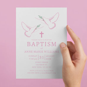 Dove Olive Branch Cross Pink Girl Baptism Invitation