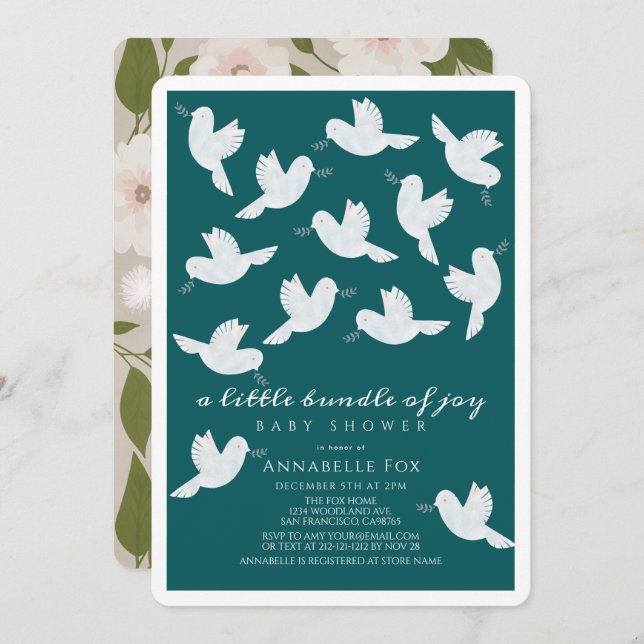 Dove Olive Teal Boy Bundle of Joy Baby Shower Invitation (Front/Back)