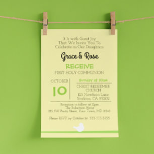 Dove on Branch Yellow First Communion Invitation