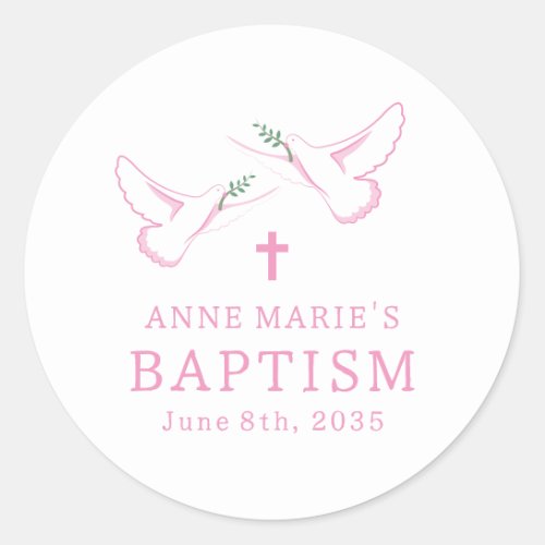 Dove Pink Girl Baptism Classic Round Sticker