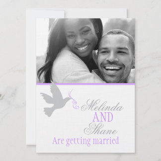 Dove purple ribbon couple photo wedding invitation