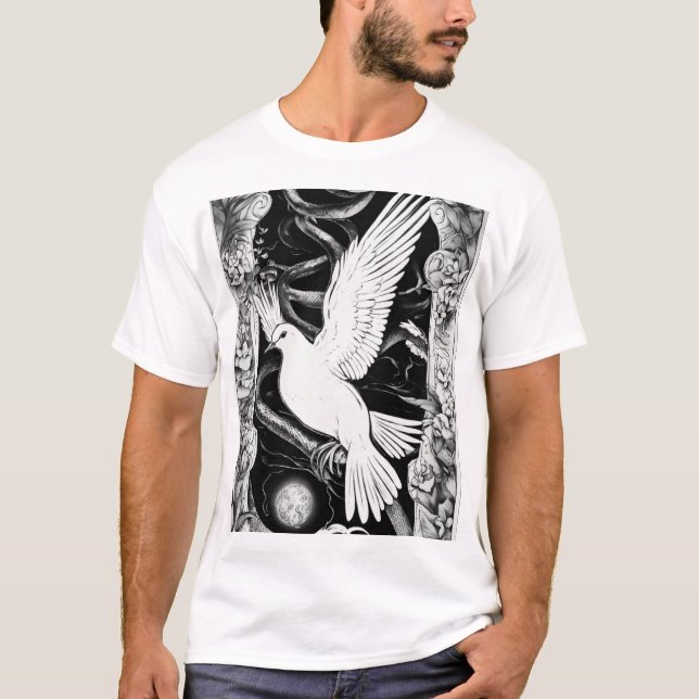 Dove & Serpent Tattoo T-Shirt – Bold Black & White (Front)