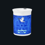 Dove - Shalom Beverage Pitcher<br><div class="desc">Features "shalom" (Hebrew "peace") and a dove carrying a bit of olive branch in its beak on a nice blue and white fractal background which is reminiscent of birds wings. The background image as well as the dove and Hebrew text are independent elements allowing for them all to be sized,...</div>