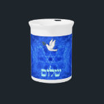 Dove - Shalom Beverage Pitcher<br><div class="desc">Features "shalom" (Hebrew "peace") and a dove carrying a bit of olive branch in its beak on a nice blue and white fractal background which is reminiscent of birds wings. The background image as well as the dove and Hebrew text are independent elements allowing for them all to be sized,...</div>