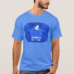 Dove - Shalom T-Shirt<br><div class="desc">Features "shalom" (Hebrew "peace") and a dove carrying a bit of olive branch in its beak on a nice blue and white fractal background which is reminiscent of birds wings. The background image as well as the dove and Hebrew text are independent elements allowing for them all to be sized,...</div>