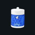 Dove - Shalom Teapot<br><div class="desc">Features "shalom" (Hebrew "peace") and a dove carrying a bit of olive branch in its beak on a nice blue and white fractal background which is reminiscent of birds wings. The background image as well as the dove and Hebrew text are independent elements allowing for them all to be sized,...</div>