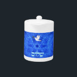 Dove - Shalom Teapot<br><div class="desc">Features "shalom" (Hebrew "peace") and a dove carrying a bit of olive branch in its beak on a nice blue and white fractal background which is reminiscent of birds wings. The background image as well as the dove and Hebrew text are independent elements allowing for them all to be sized,...</div>