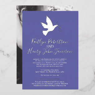 Dove silver blue simple wedding with photo foil invitation