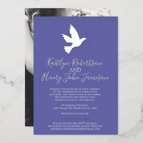 Dove silver blue simple wedding with photo foil invitation