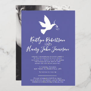 Dove silver blue simple wedding with photo foil invitation