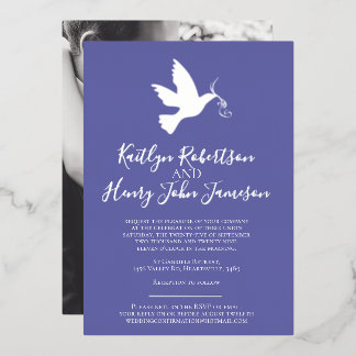 Dove silver blue simple wedding with photo foil invitation