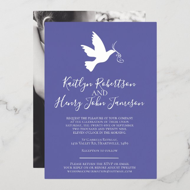 Dove silver blue simple wedding with photo foil invitation (Front/Back)