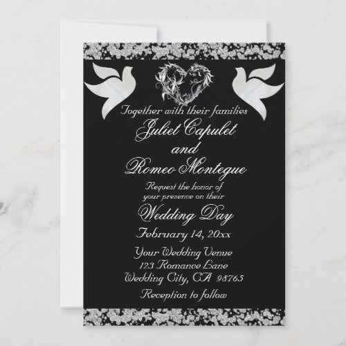 Dove Silver Heart  Glitter Border on Black Invitation