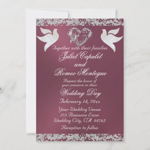 Dove Silver Heart  Glitter Border on Purple Invitation