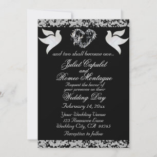 Dove, Silver Heart & Glitter, QR Code - Black Invitation