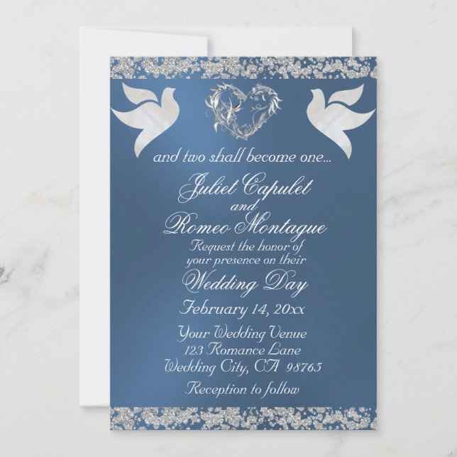 Dove, Silver Heart & Glitter, QR Code - Blue Invitation (Front)